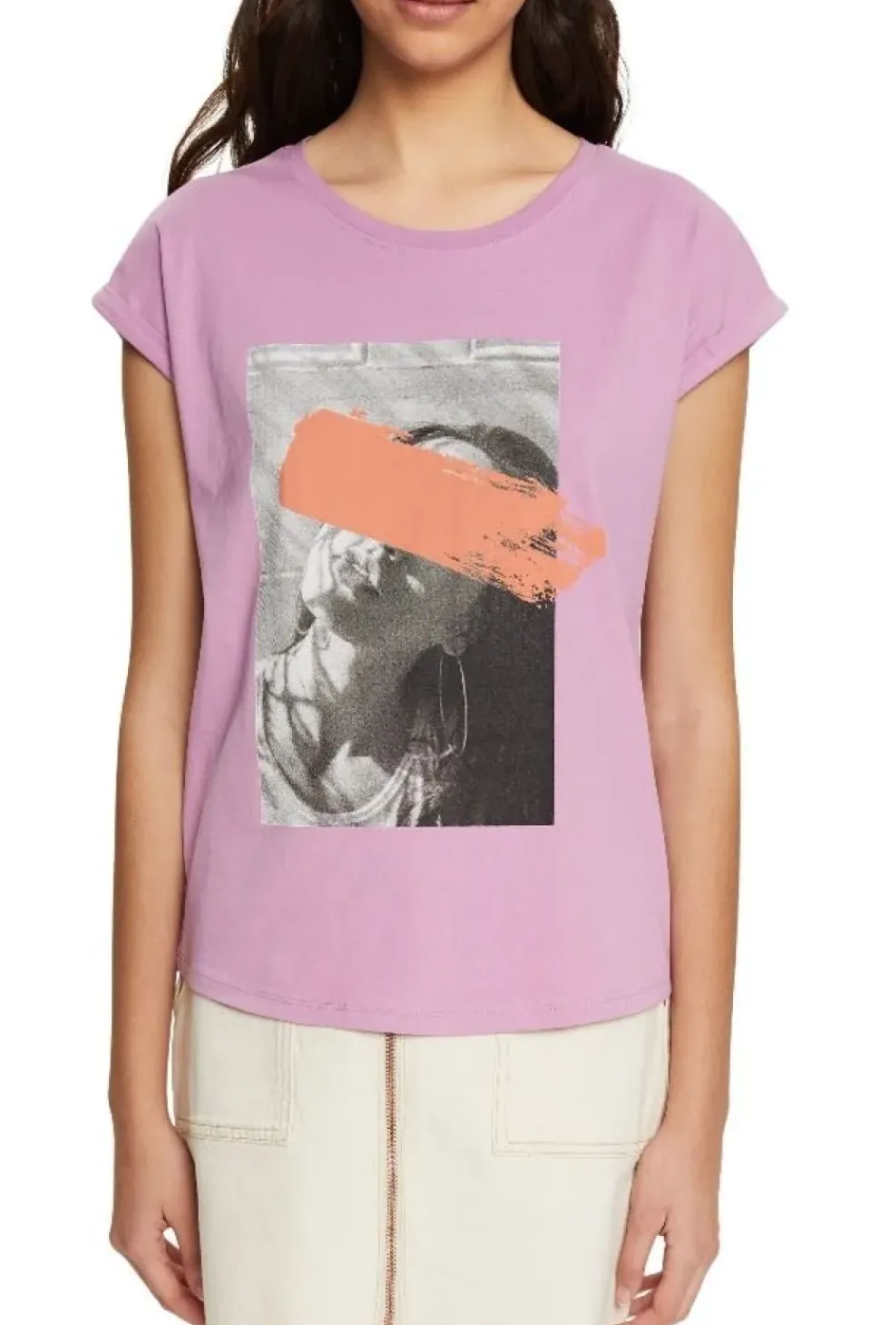 EDC T- Shirt Frontprint rundhals- Ausschnitt weiß, lila S12 052CC1K328