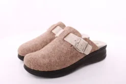 Fuß Bequem Damen Hausschuh Pantolette Wechselfußbett Zierschnalle beige S23 5025/01