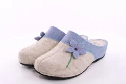 Fuß Bequem Damen Hausschuh Pantolette Blumen-Detail grün, grau S23 203/01