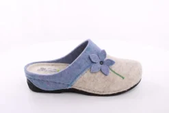 Fuß Bequem Damen Hausschuh Pantolette Blumen-Detail grün, grau S23 203/01