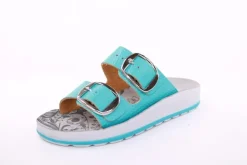 Fußbequem Damen Pantolette Leder weiß, blau S13 D1112