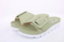 Fuß Bequem Damen Pantolette Leder Zierschnalle grau grün S14 9008