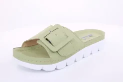Fuß Bequem Damen Pantolette Leder  Zierschnalle grau grün S14 9008