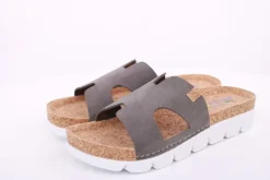 Fuß Bequem Damen Pantolette Leder Kork- Fußbett grau beige S14 9000