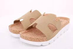 Fuß Bequem Damen Pantolette Leder Kork- Fußbett grau beige S14 9000