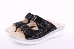 Fußbequem Damen Pantolette Wechselfußbett Stretch- Einsatz metallisch glänzend braun, schwarz S13 5012