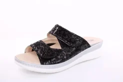 Fußbequem Damen Pantolette Wechselfußbett Stretch- Einsatz metallisch glänzend braun, schwarz S13 5012