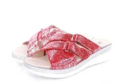 Fußbequem Damen Pantolette Wechselfußbett metallisch glänzend rot S213 5013