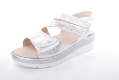 Fußbequem Damen Sandale Wechselfußbett metallisch glänzend weiß S13 10201