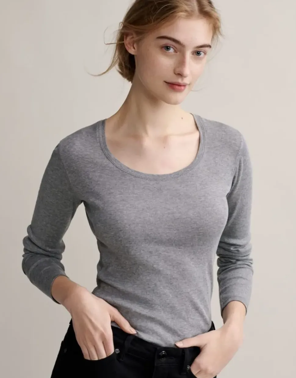 OPUS Langarmshirt Sorana Rundhalsausschnitt schmale Passform weiß, grau S22 236879343