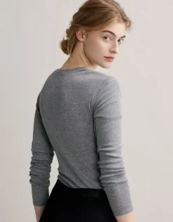 OPUS Langarmshirt Sorana Rundhalsausschnitt schmale Passform weiß, grau S22 236879343