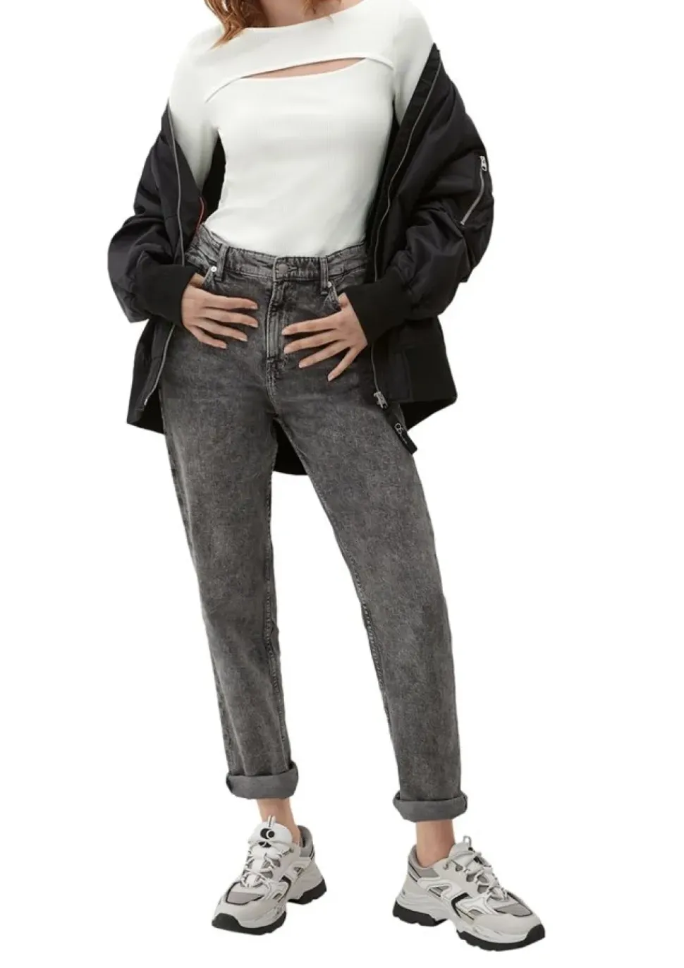 QS designed by Langarmshirt mit Cut-Out weiß, schwarz S13 2127642