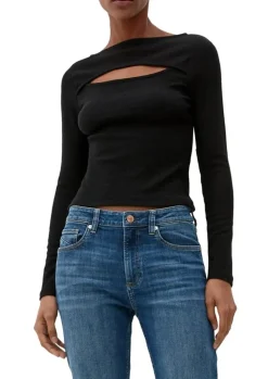 QS designed by Langarmshirt mit Cut-Out weiß, schwarz S13 2127642