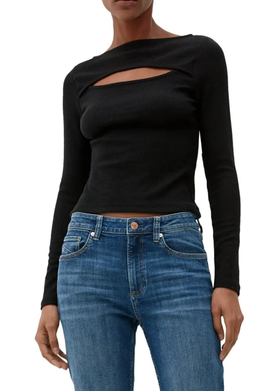 QS designed by Langarmshirt mit Cut-Out weiß, schwarz S13 2127642