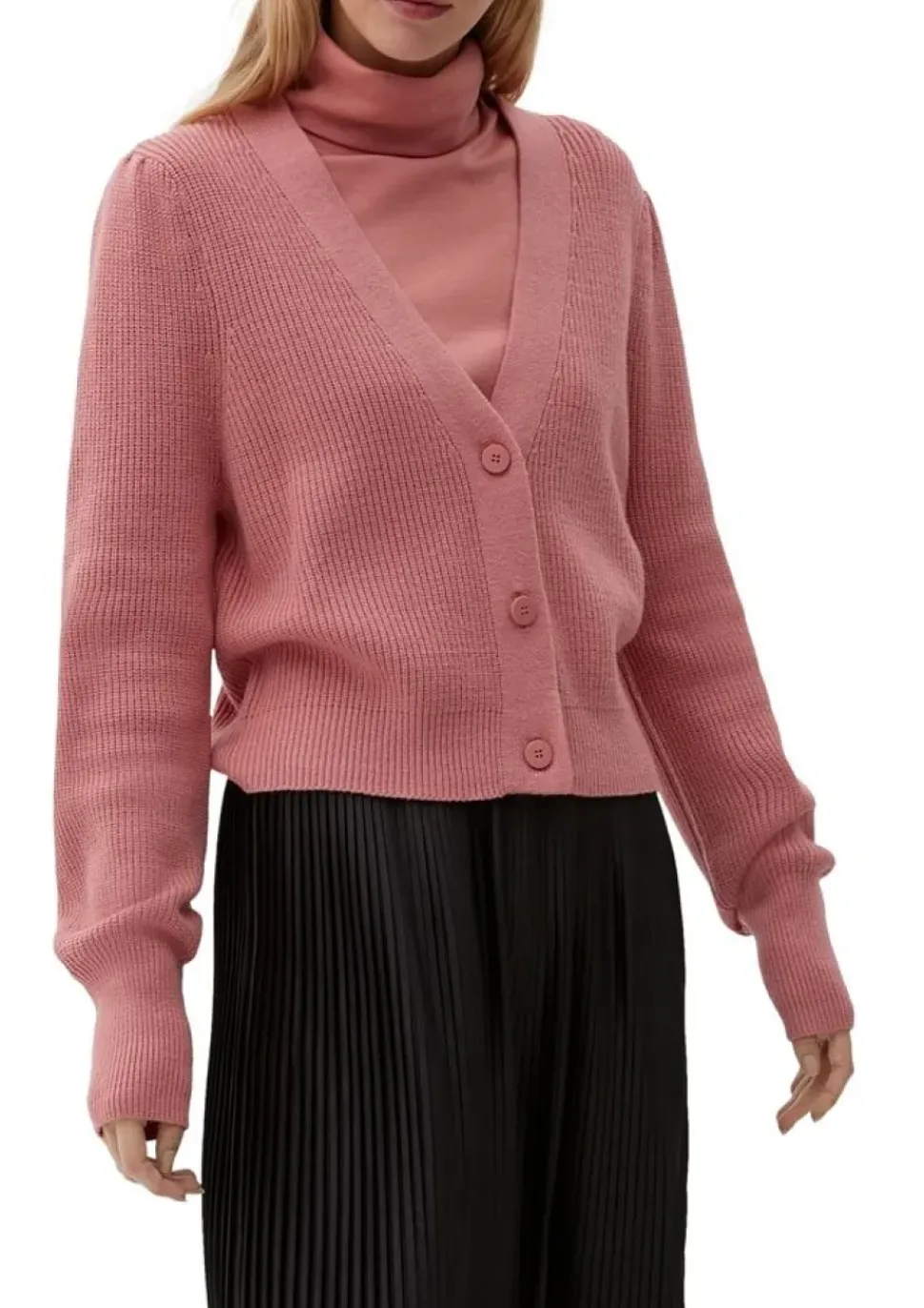 QS designed by Strickjacke Viskosemix V-Ausschnitt Knopfleiste rosa, grün S22 2124662