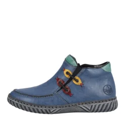 Rieker Damen Slipper blau grau bunte Patches S23 N0959-14