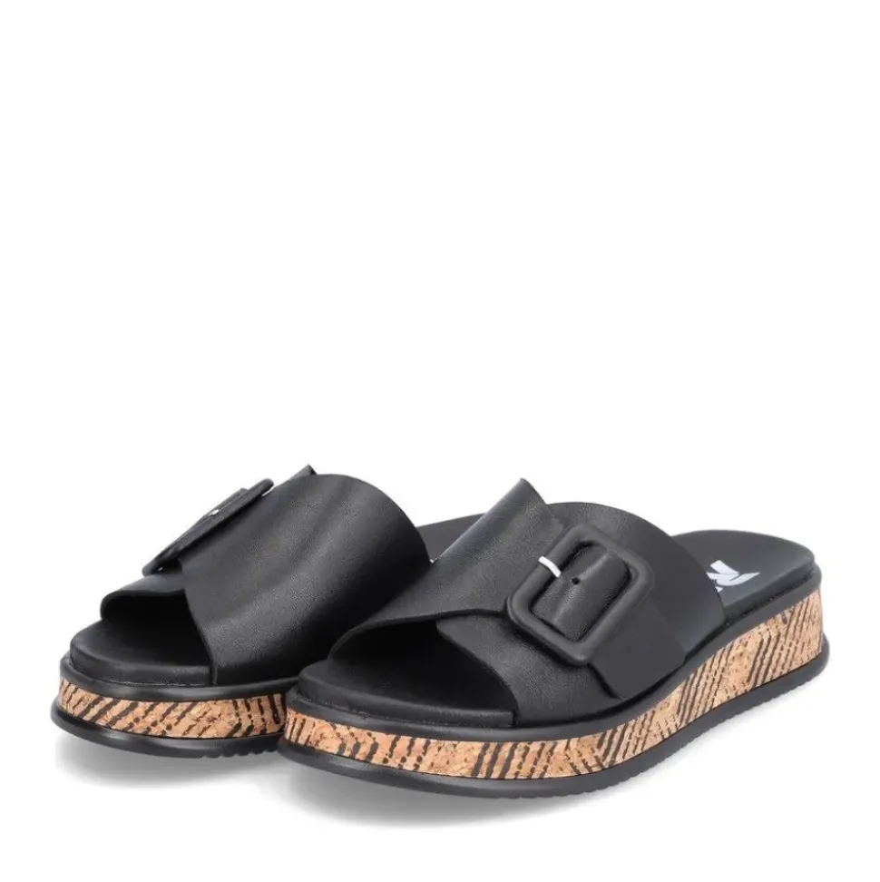 Rieker EVOLUTION Damen Pantolette dekorative Schnalle Sohle Korkoptik Leder schwarz S13 W0803-00