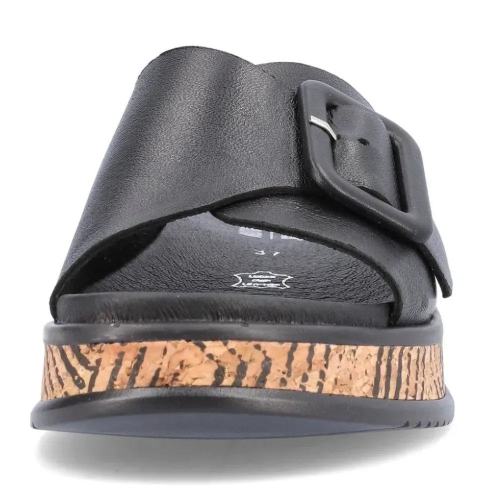 Rieker EVOLUTION Damen Pantolette dekorative Schnalle Sohle Korkoptik Leder schwarz S13 W0803-00