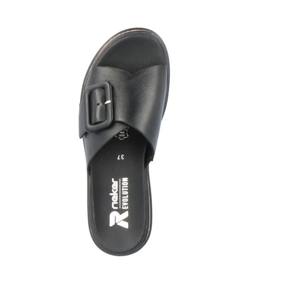 Rieker EVOLUTION Damen Pantolette dekorative Schnalle Sohle Korkoptik Leder schwarz S13 W0803-00