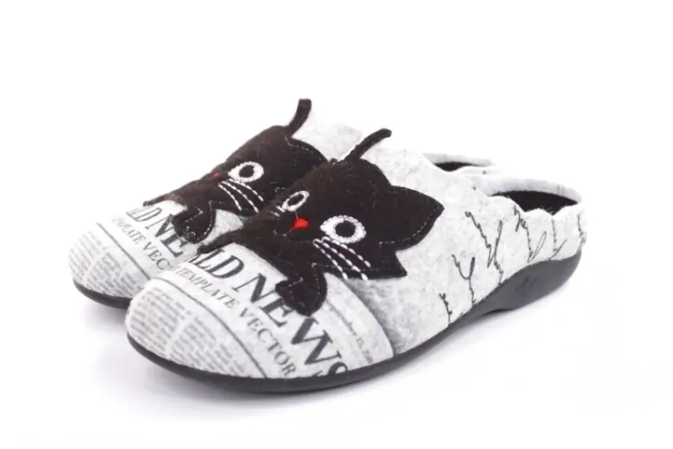 s`knöpfli Damen Hausschuh Pantolette Katzenmotiv Wechselfußbett grau S22 Z27587P