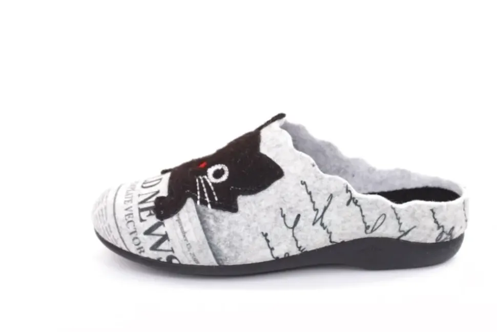 s`knöpfli Damen Hausschuh Pantolette Katzenmotiv Wechselfußbett grau S22 Z27587P