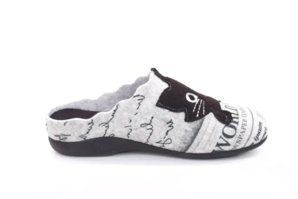 s`knöpfli Damen Hausschuh Pantolette Katzenmotiv Wechselfußbett grau S22 Z27587P