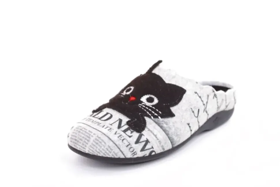s`knöpfli Damen Hausschuh Pantolette Katzenmotiv Wechselfußbett grau S22 Z27587P