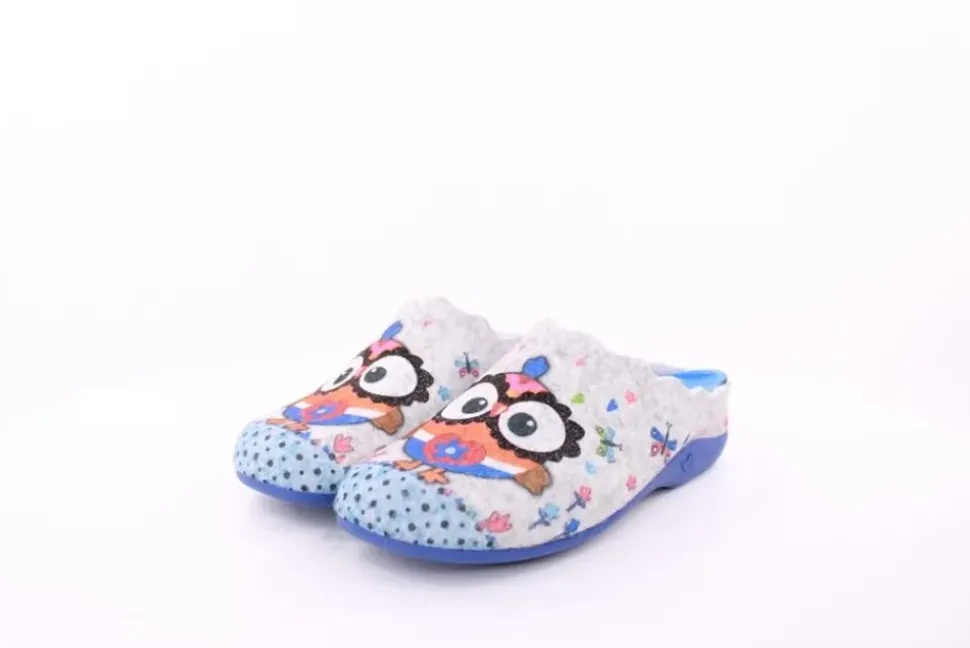s`knöpfli Damen Hausschuh Pantolette Wechselfußbett Eulenmotiv blau S23 Z29403P