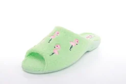 s`knöpfli Damen Pantolette Hausschuh Frottee Flamingo- Motiv grün S13 Z28814