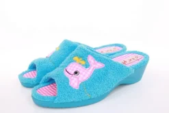 s`knöpfli Damen Pantolette Hausschuh Frottee Motiv- Druck blau S13 K27314
